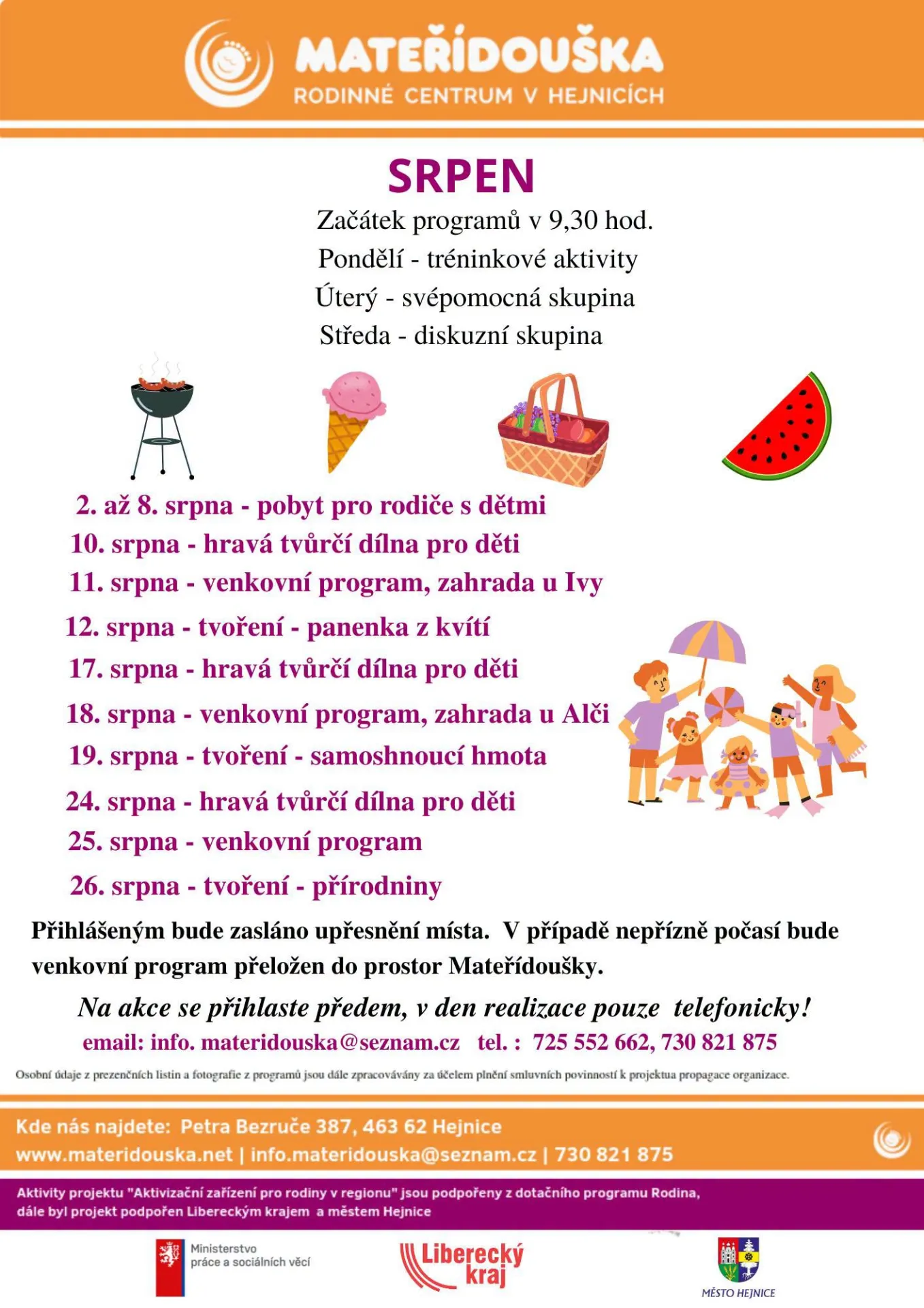 Program rodinn&eacute;ho centra Mateř&iacute;dou&scaron;ka 2.-.26.8.2026